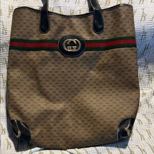 Gucci Beige Tote bag with Black and Green-Red Stripe shoulder canvas leather